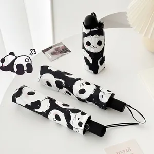 Ombrello pieghevole con simpatica stampa a panda e protezione UV, nero opaco