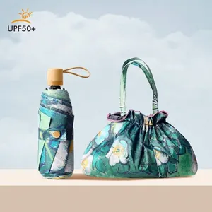 Portable 5-Fold UV Protection Sun Umbrella Double-Layer Black Glue Hand-Drawn Floral Print Mini Pocket Umbrella Sun Rain Dual Use Women Travel Umbrella