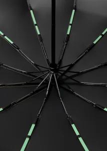 Detail view of 72-rib reinforced windproof umbrella frame structure in black and green.