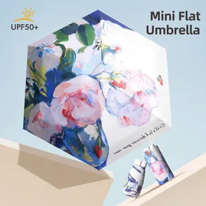 Women Flat Folding Sun Umbrella Artistic Hand Painted Floral Oil Painting Print UPF50 Anti-UV Portable Travel Rain Umbrella
