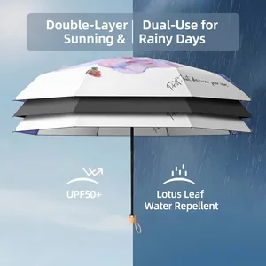 Double-layer folding sun umbrella with artistic illustration for sun and rain protection