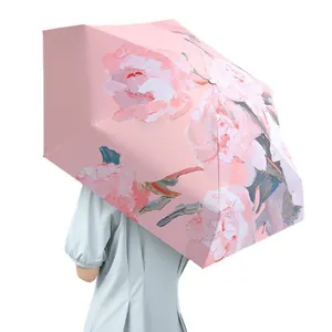 Portable five-fold umbrella with elegant pink floral oil painting print for sun and rain.
