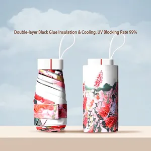 Compact 5-fold floral sun umbrella with UPF 50+ UV protection and cooling black coating.