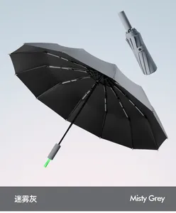 Detail view of a misty grey 72-rib automatic folding umbrella with UV black coating