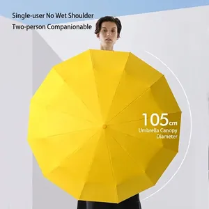 Large yellow folding umbrella, 105cm diameter, held by model against a clean studio background.