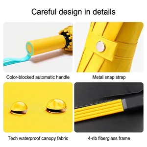 Detailed view of yellow automatic umbrella featuring waterproof fabric and 4-rib frame