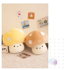 Macro view of cute yellow and brown mushroom plush toys in a cozy home setting