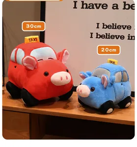 Detailed view of red and blue pig taxi plush toys in 30cm and 20cm sizes