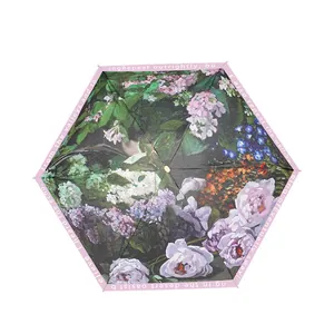 Mini Tragbarer Sonnenschirm UV Schutz Ölgemälde Floral Pongee Stoff Aluminium Rahmen Perlenkette Damen Sonnenschirm Geschenk