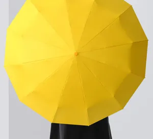 Symmetrical overhead detail of a 72-rib automatic yellow sun umbrella for rain and sun.