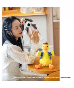 Funny electric repeating duck and dog plush toys displayed in a warm lifestyle setting