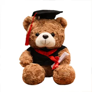 Schattige afstudeer teddybeer knuffel met zwarte toga en een baret met rode kwast.