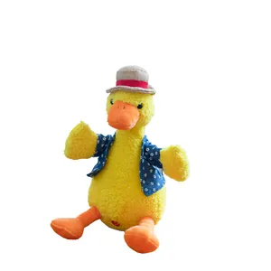 Funny electric talking plush duck toy wearing a straw hat and blue floral vest