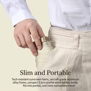 Ultra-thin 3.5cm foldable UV pocket umbrella shown fitting easily into a pant pocket