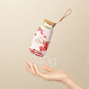 Compact 14cm 6-fold mini pocket sun umbrella with cherry pattern, lightweight 240g design