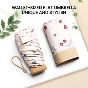 Paraguas plano compacto de 14cm con estampado de cerezas y funda de almacenamiento delgada