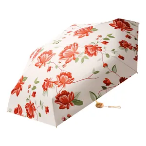 Portable mini 6-fold flat sun umbrella with elegant red floral print for sun protection