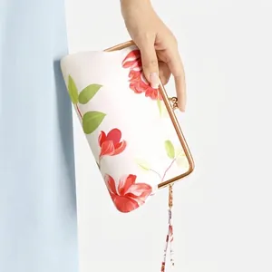Elegant floral pattern clutch umbrella bag with gold metal frame for stylish women