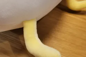 Macro close-up detail of soft yellow legs on a white seagull plush toy on wood