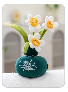 Detailansicht eines Plüsch-Narzissen-Blumentopfs mit bestickter Vase für die Büro-Deko