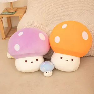 Set of adorable and colorful mushroom plush toys in purple orange and blue tones