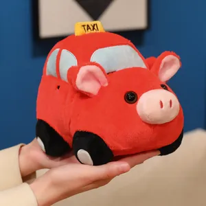 Cute red taxi car plush toy with pig face design for children's gifts and room decor