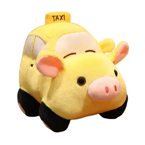 Cute yellow pig taxi plush toy car, creative stuffed animal doll for kids birthday gift