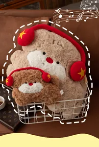 Detail of cute headphone dog plush pillows in a white metal basket lifestyle scene