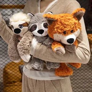 Realistic forest animal plush toys featuring raccoon, fox, and sloth characters