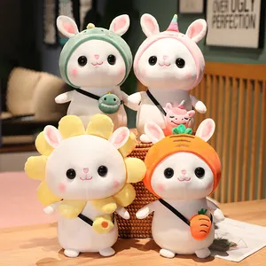 Cute white bunny plush toys wearing cartoon dinosaur unicorn and flower hats