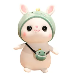 Cute plush rabbit doll with green dinosaur hood and crossbody bag for kids