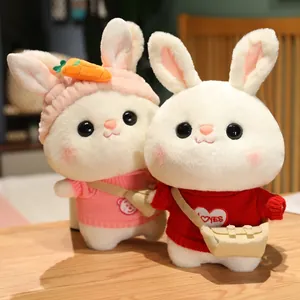 Cute Cartoon White Rabbit Plush Toy Stuffed Animal Bunny Doll with Removable Sweater and Crossbody Bag New Year Mascot Gift for Kids