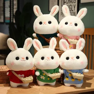 Set of five cute white plush rabbit dolls wearing colorful knitted sweaters and bags