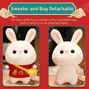 Cute white rabbit plush toy with removable red sweater and yellow bag for kids gift