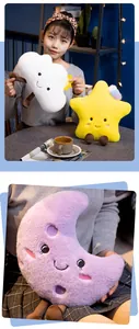 Detail view of soft plush cushions in star, moon, and cloud shapes with cute smiley faces.