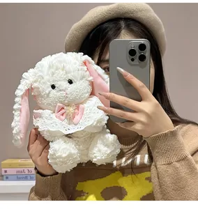 Soft white plush bunny toy featuring a pink bow and lace collar detail for kids gift