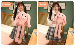 Comparison of 100cm and 80cm pink plush rabbits with long stretchable ears