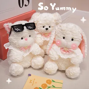 Adorable white plush toy collection featuring bear, rabbit and cat with pink lace collars.
