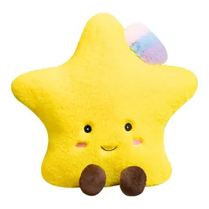 Adorable yellow star plush pillow with rainbow bow and cute facial expression