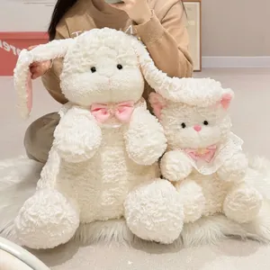 Cute soft white long-eared rabbit plush doll set with pink bow and lace collar details