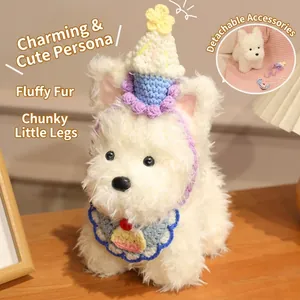 Adorable West Highland White Terrier plush doll with removable knitted hat and bib