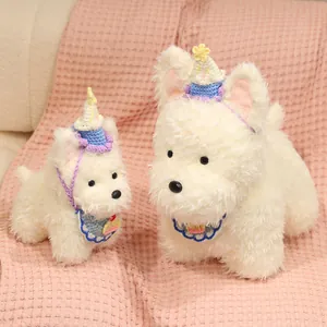 Two cute scruffy Westie terrier plush toys with party hats on pink background