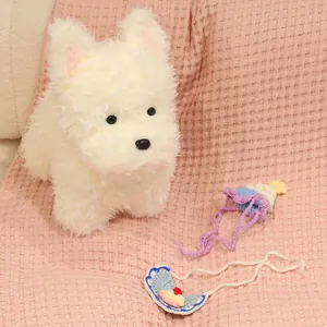 Cute fluffy white Westie plush dog toy with blue knitted hat and bib accessories