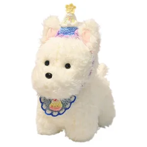 Cute white Westie plush dog toy featuring a handcrafted crocheted party hat and bib