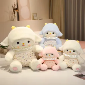 Adorable plush sheep toy collection with floral dresses in multiple soft pastel colors