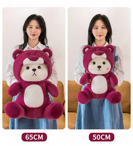 Comparison of 50cm and 65cm plush teddy bears in purple strawberry bear costumes