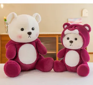 Two adorable white plush teddy bears in deep red hoodies for Valentine's Day gifting