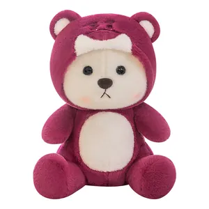 Adorable plush teddy bear in dark red strawberry hood, soft toy for Valentine's gift idea