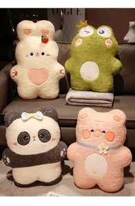 Close-up of soft plush animal pillows including panda and frog in cozy living room