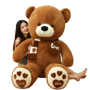 Extra large brown plush teddy bear with scarf and love you heart embroidery details